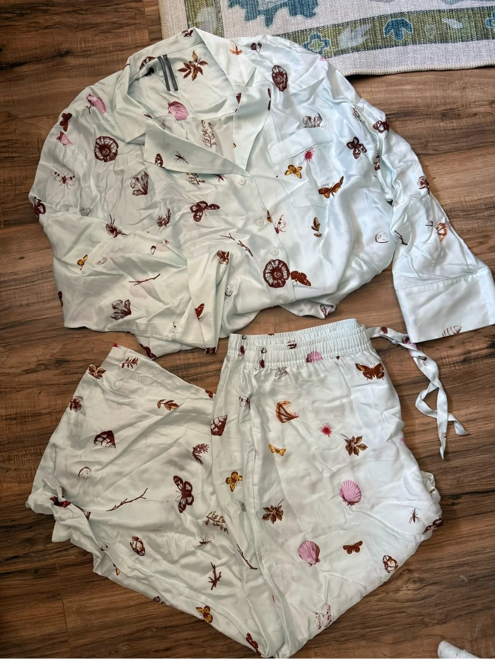 Anthropologie Pastel Blue Butterfly, Floral, Shell Print Silky Pajama Set